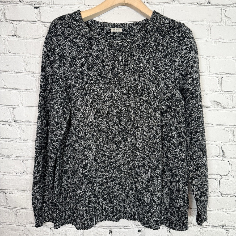 LL Bean Womens Crewneck Sweater Large Black Marbled 503412 Cotton‎